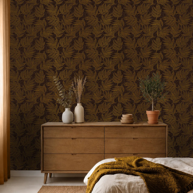 Large Speckled Leaf Wallpaper in Brown with Gold Foil