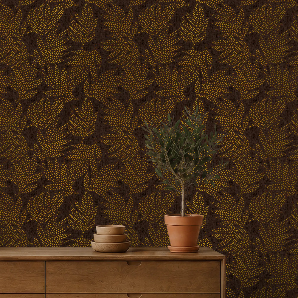 Large Speckled Leaf Wallpaper in Brown with Gold Foil