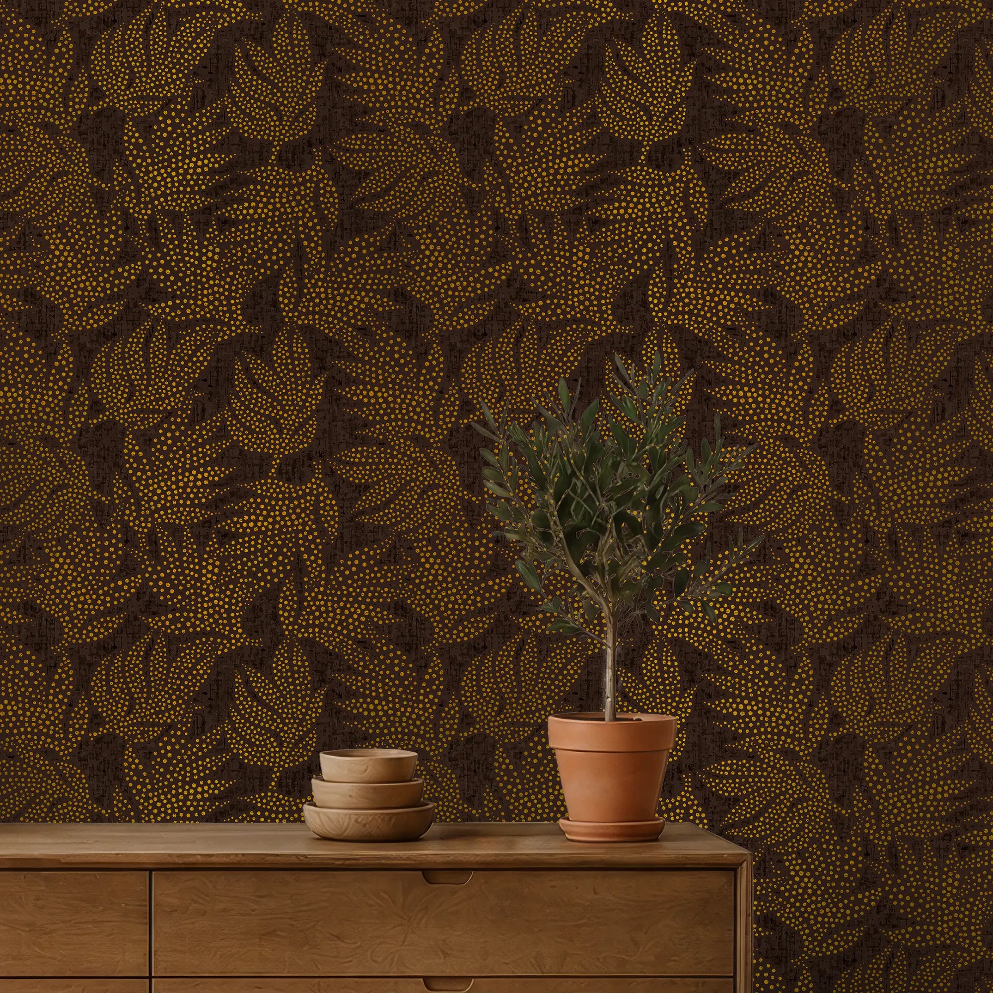 Large Speckled Leaf Wallpaper in Brown with Gold Foil