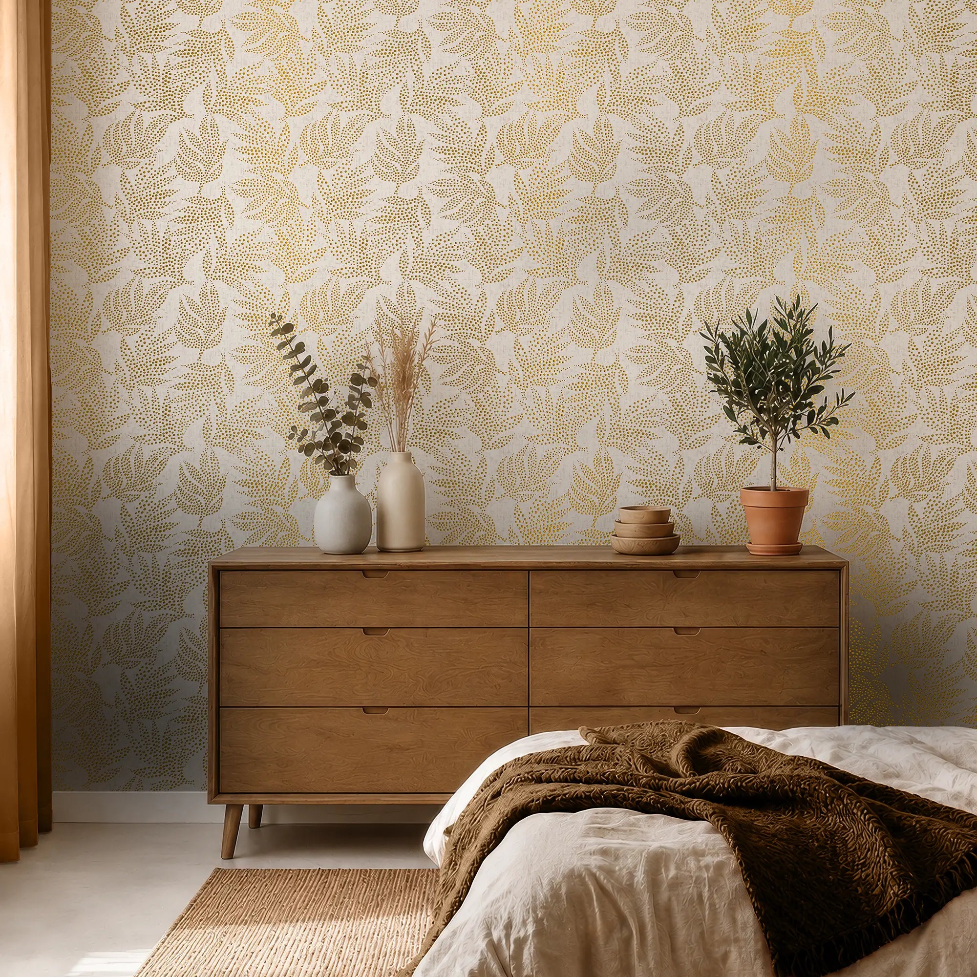 Large Speckled Leaf Wallpaper in Cream with Gold Foil