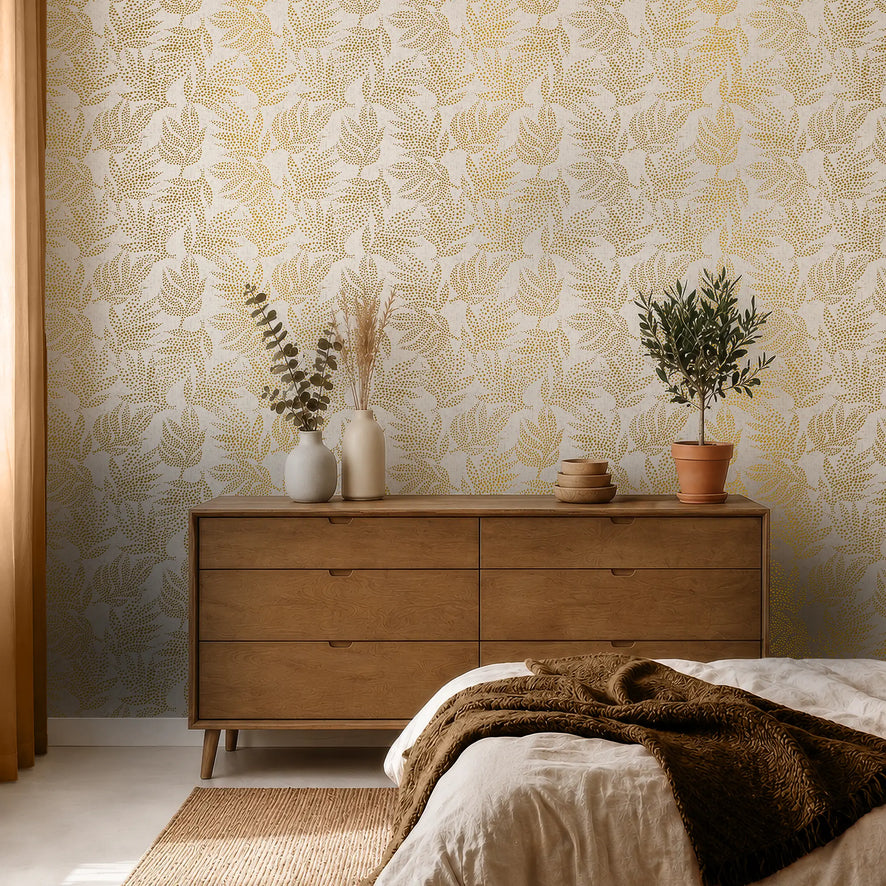 Large Speckled Leaf Wallpaper in Cream with Gold Foil