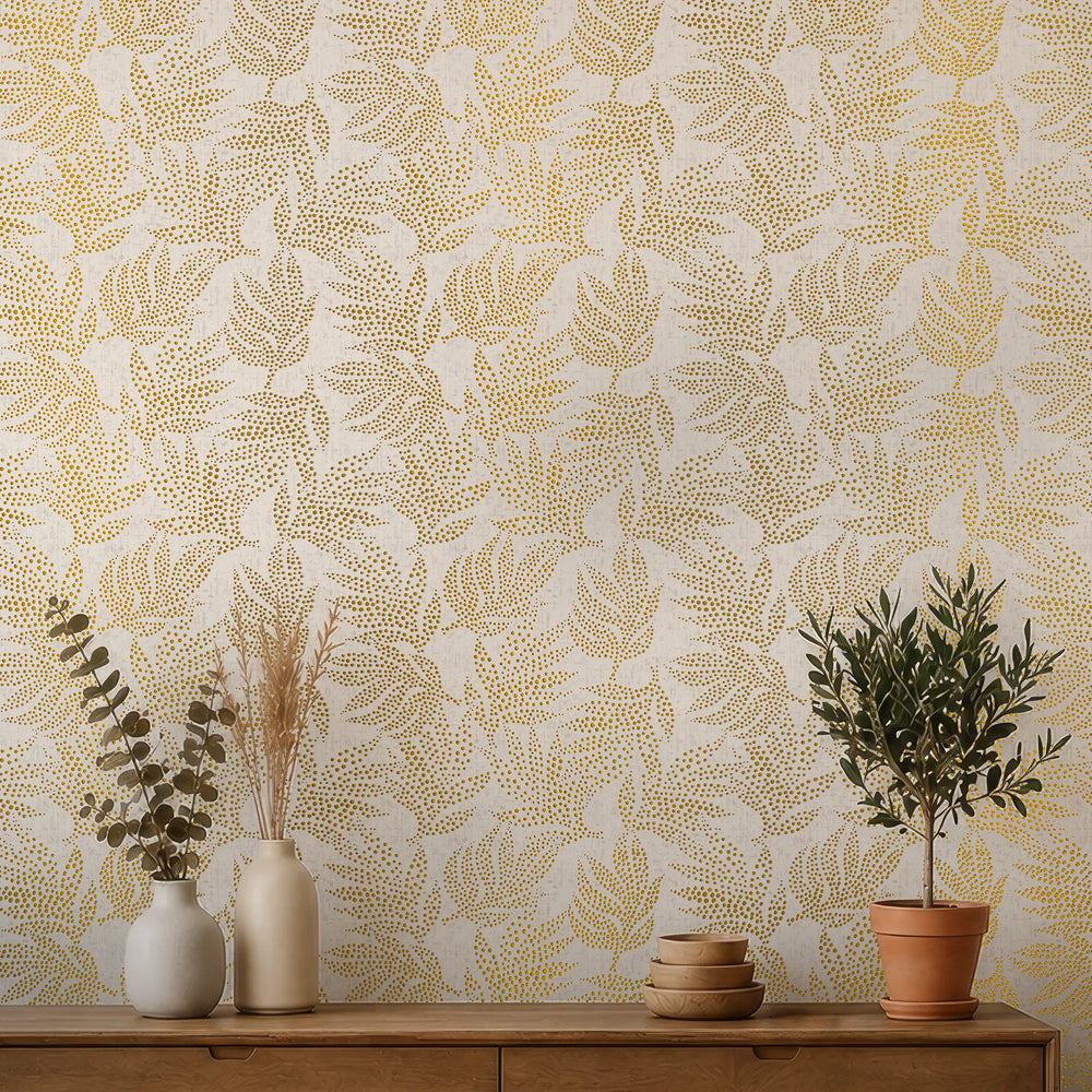 Large Speckled Leaf Wallpaper in Cream with Gold Foil