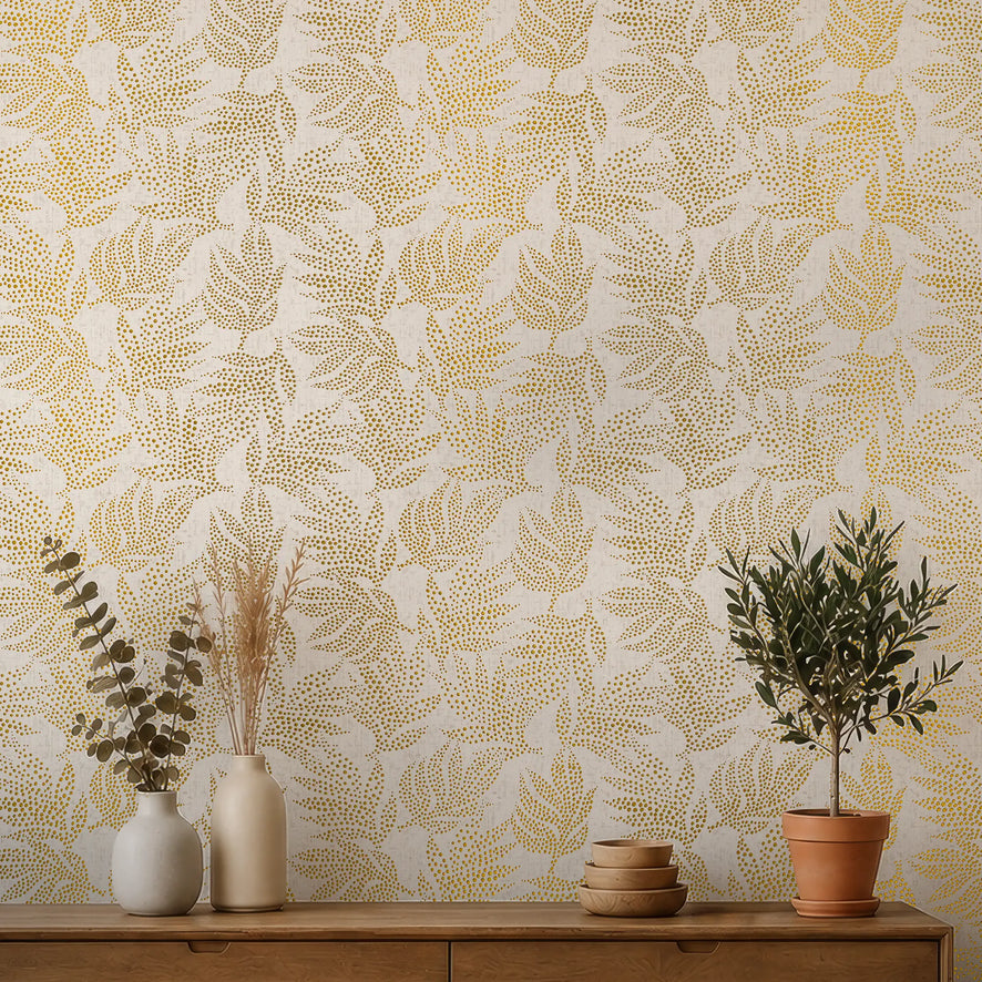 Large Speckled Leaf Wallpaper in Cream with Gold Foil