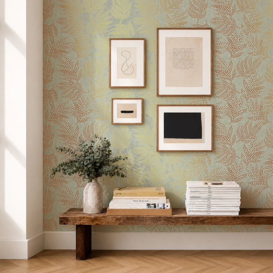 Large Speckled Leaf Wallpaper in Green with Gold Foil