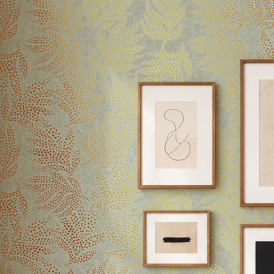 Large Speckled Leaf Wallpaper in Green with Gold Foil
