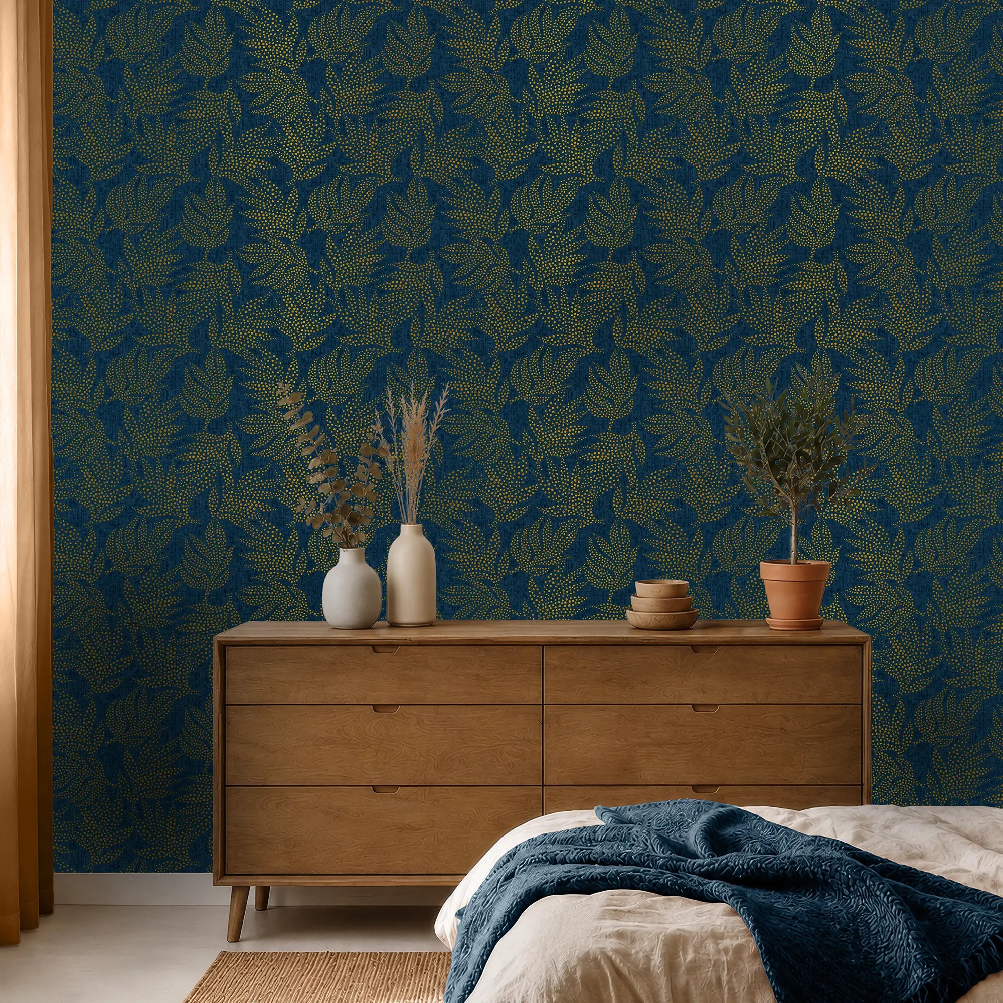 Large Speckled Leaf Wallpaper in Navy with Gold Foil