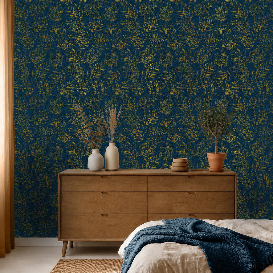 Large Speckled Leaf Wallpaper in Navy with Gold Foil