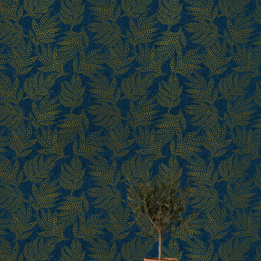 Large Speckled Leaf Wallpaper in Navy with Gold Foil