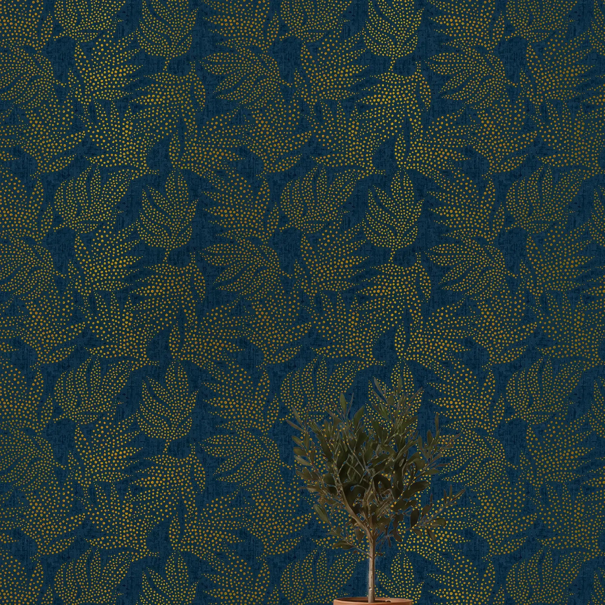 Large Speckled Leaf Wallpaper in Navy with Gold Foil