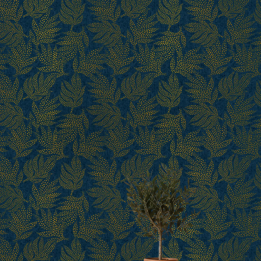 Large Speckled Leaf Wallpaper in Navy with Gold Foil