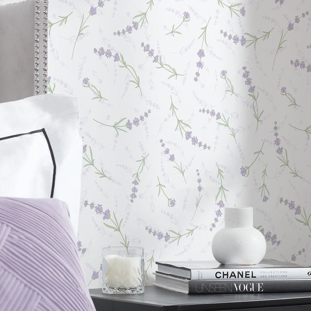 Lavender Cascade Wallpaper in White