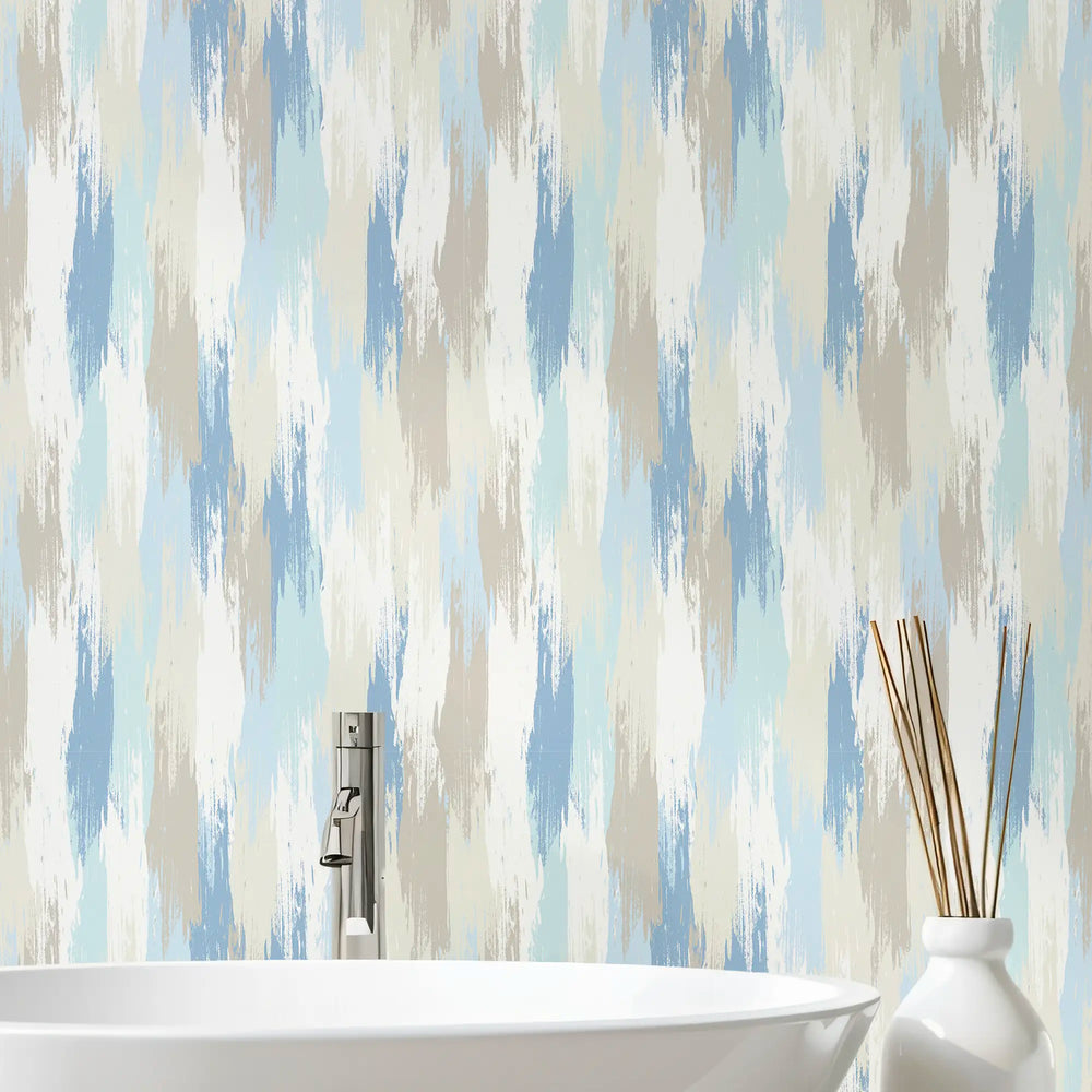 Layered Brushstrokes Wallpaper in Blues and Neutrals