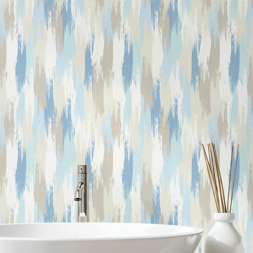 Layered Brushstrokes Wallpaper in Blues and Neutrals