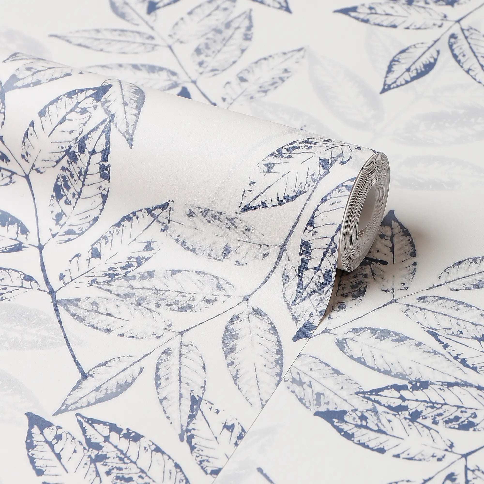 Layered Leaves Wallpaper in Blue on Cream