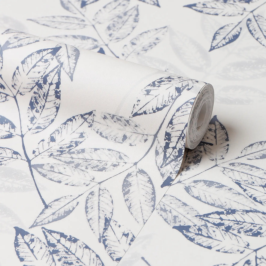 Layered Leaves Wallpaper in Blue on Cream