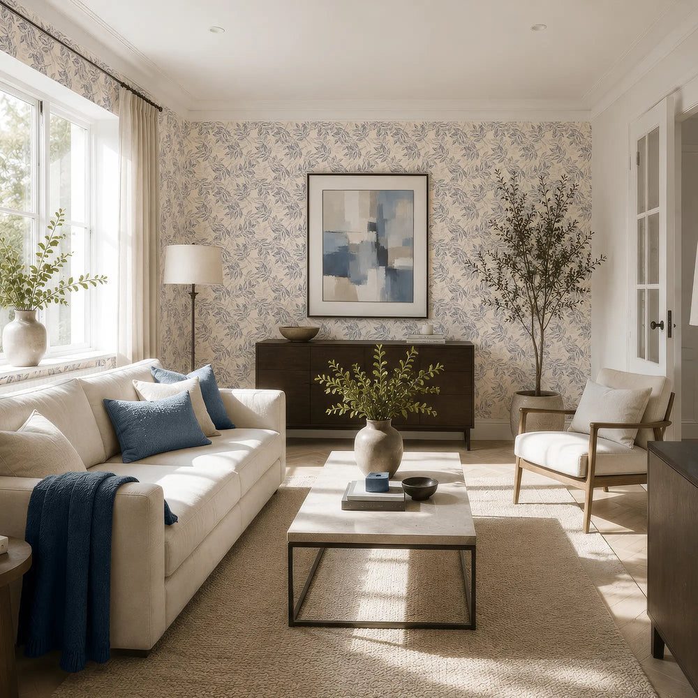 Layered Leaves Wallpaper in Blue on Cream
