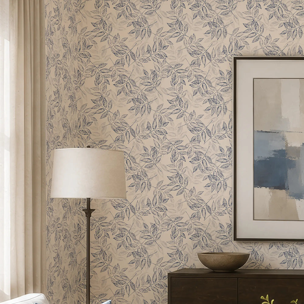 Layered Leaves Wallpaper in Blue on Cream