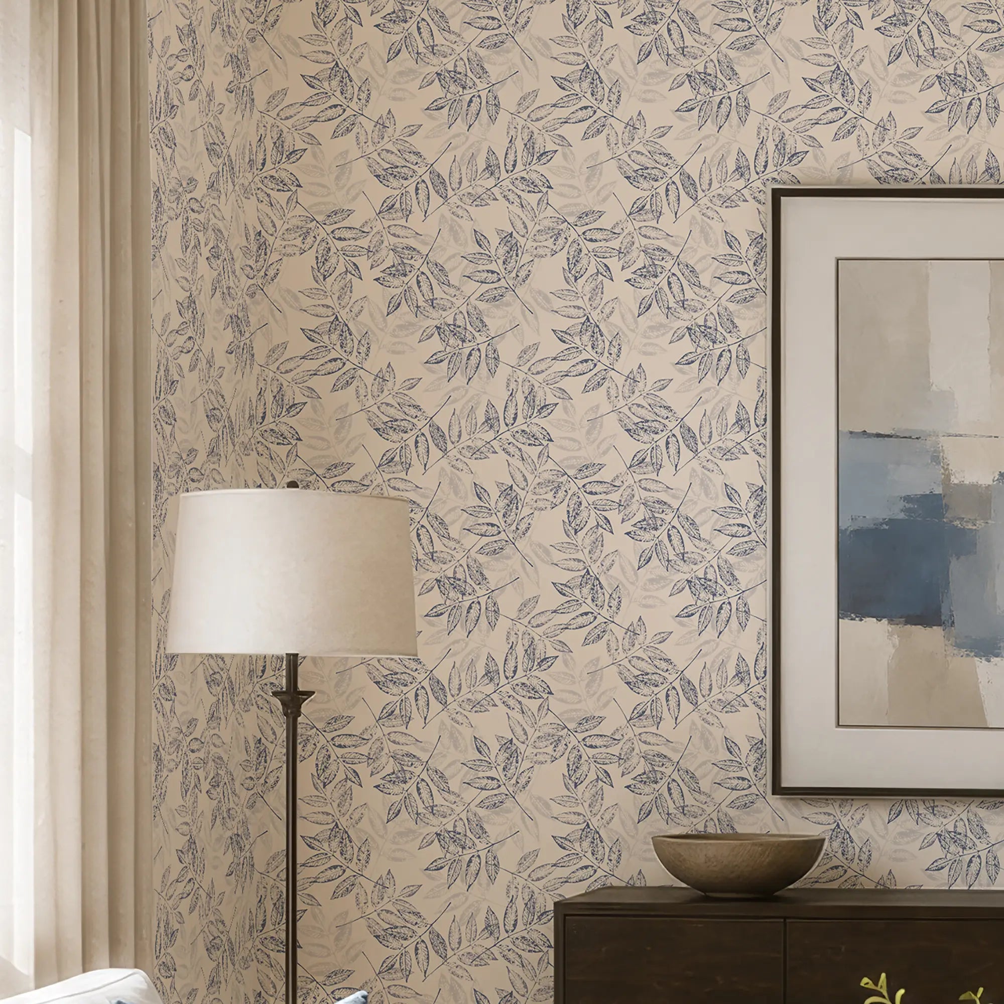 Layered Leaves Wallpaper in Blue on Cream