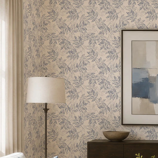 Layered Leaves Wallpaper in Blue on Cream