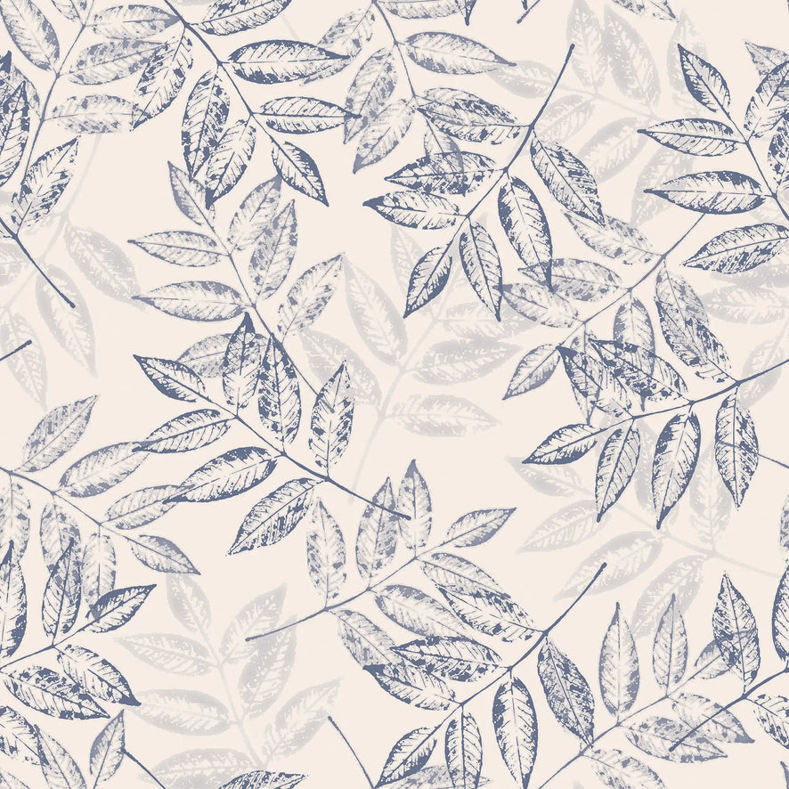 Layered Leaves Wallpaper in Blue on Cream