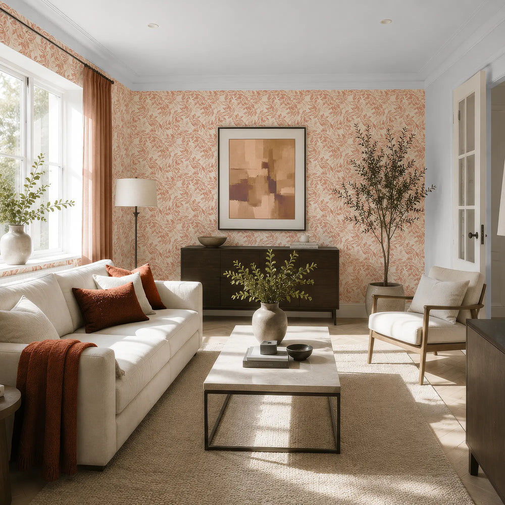 Layered Leaves Wallpaper in Terracotta on Cream