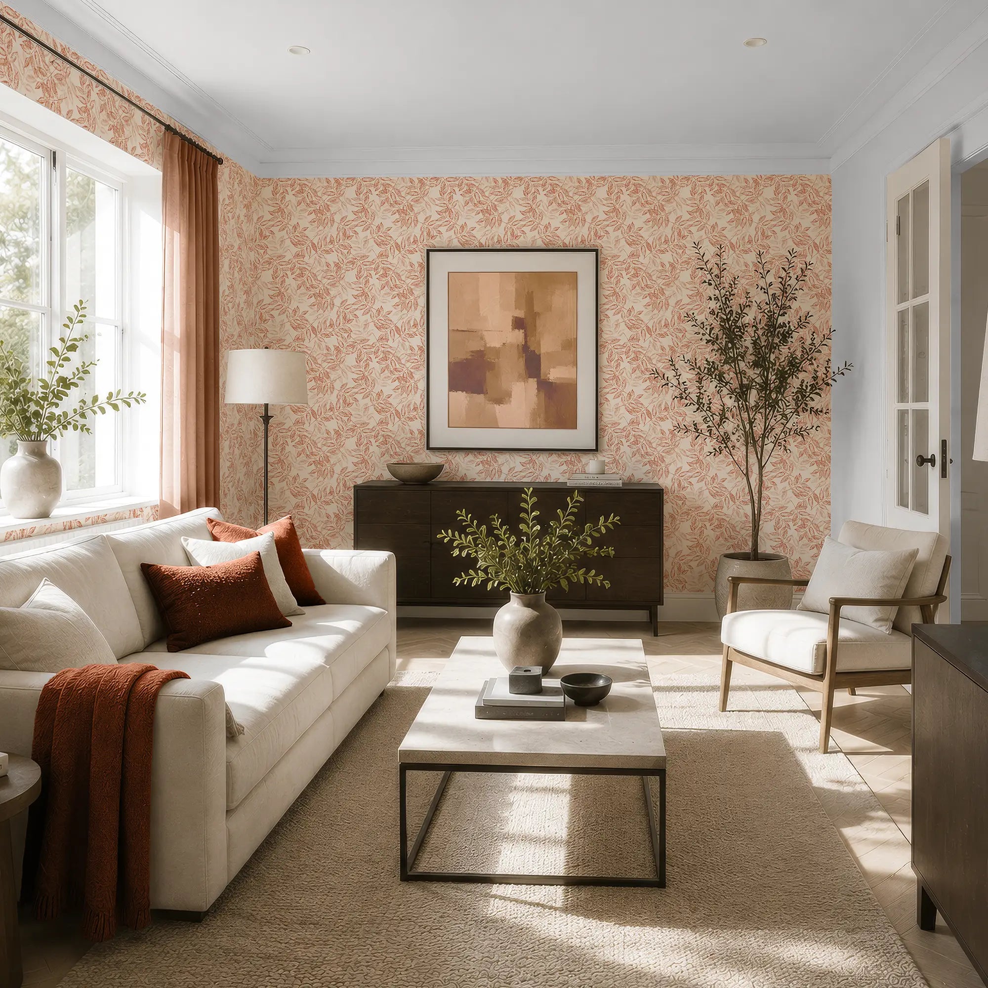 Layered Leaves Wallpaper in Terracotta on Cream