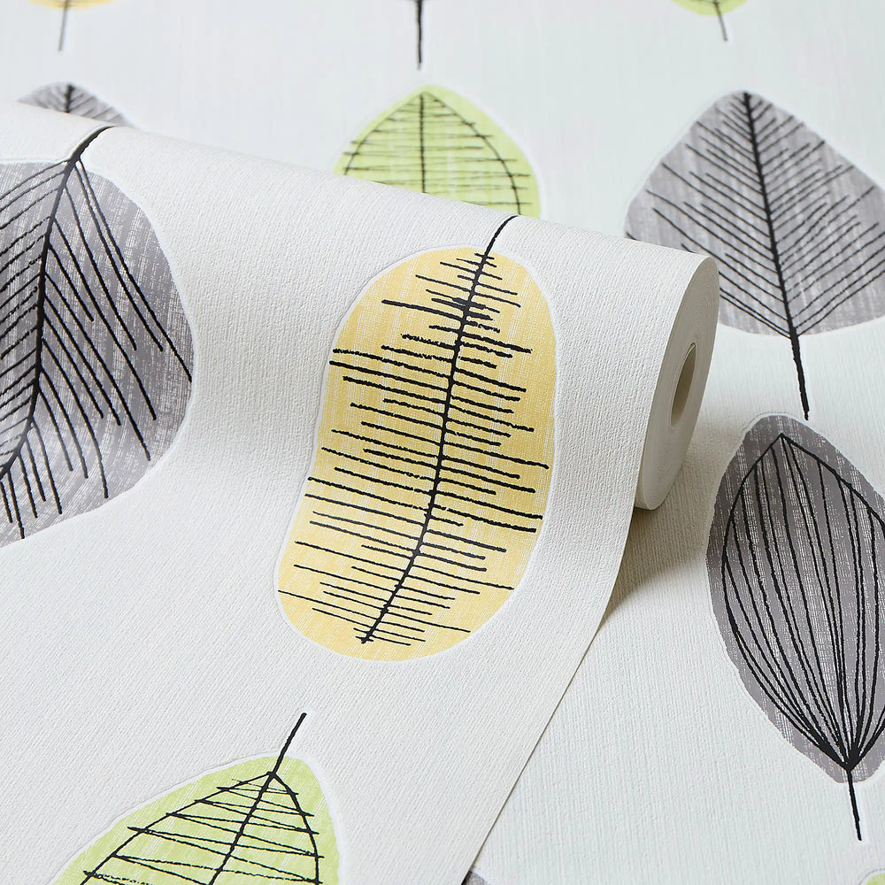 Nordic Leaf Wallpaper in Autumn Shades on White