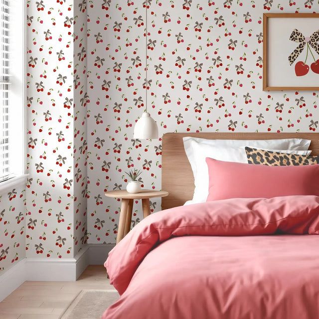 Leopard Cherry Kisses Wallpaper in Pink & Red