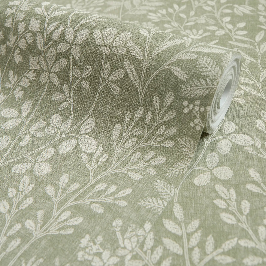 Linen Floral Wallpaper in Sage