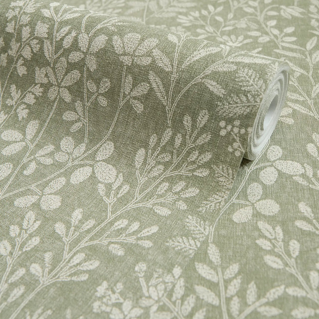 Linen Floral Wallpaper in Sage