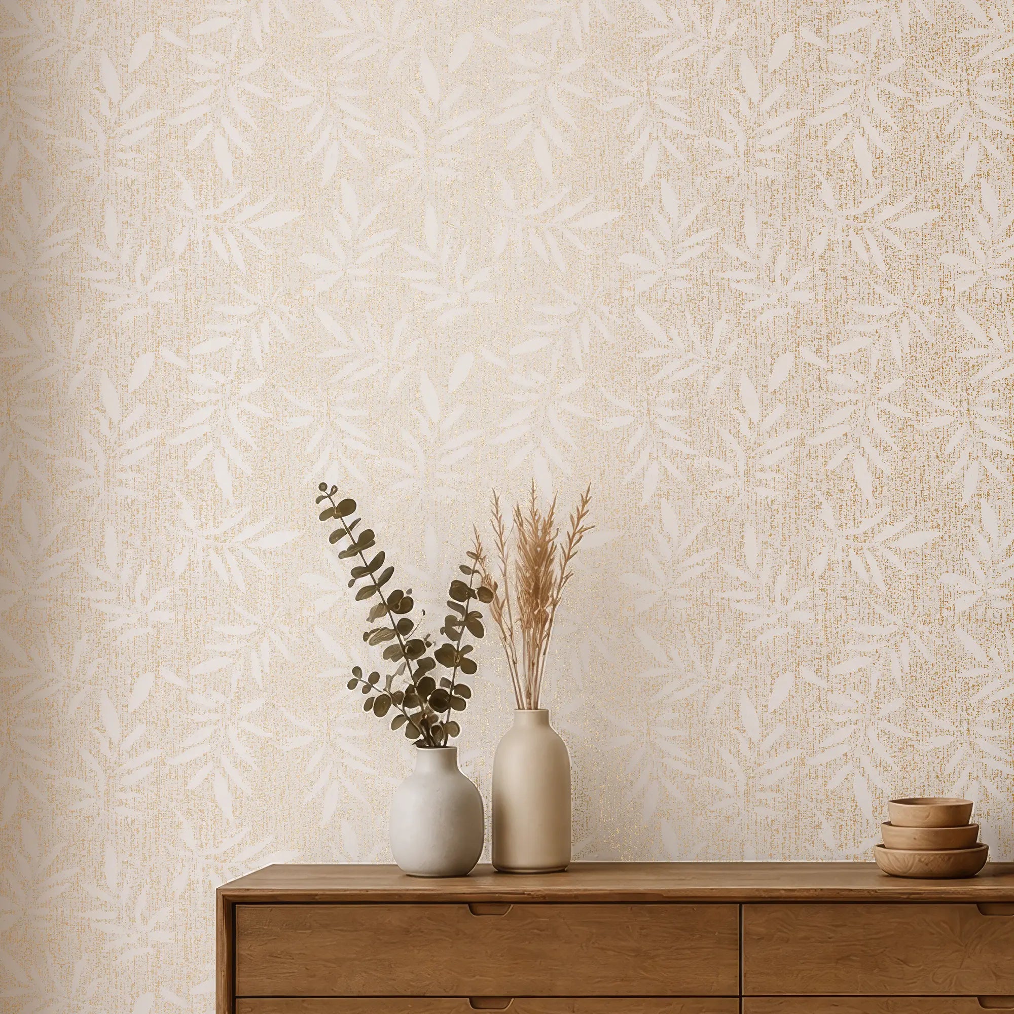 Linen Leaf Wallpaper in Ivory with Gold Foil