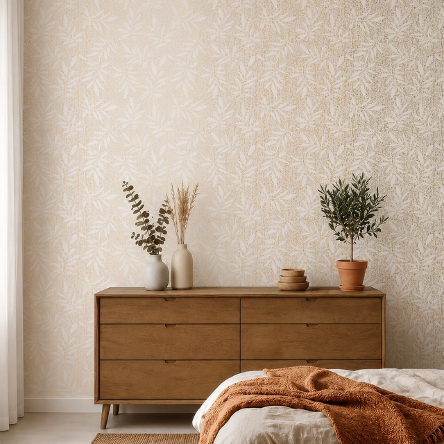 Linen Leaf Wallpaper in Ivory with Gold Foil