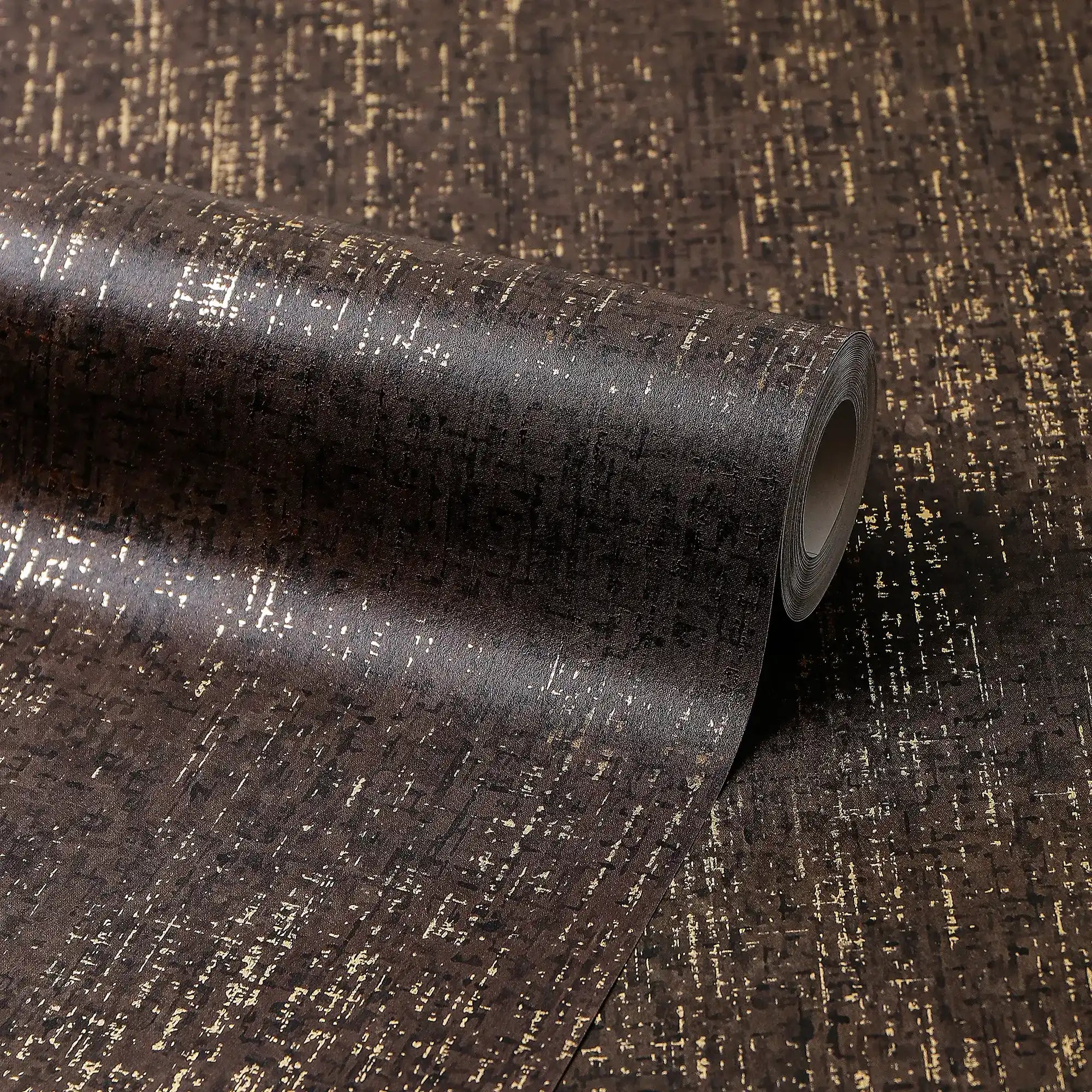 Linen Effect Wallpaper in Chocolate with Gold Foil
