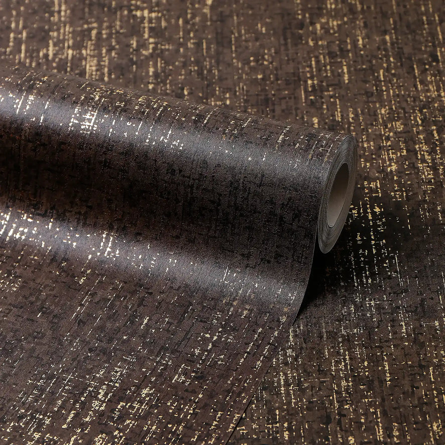 Linen Effect Wallpaper in Chocolate with Gold Foil