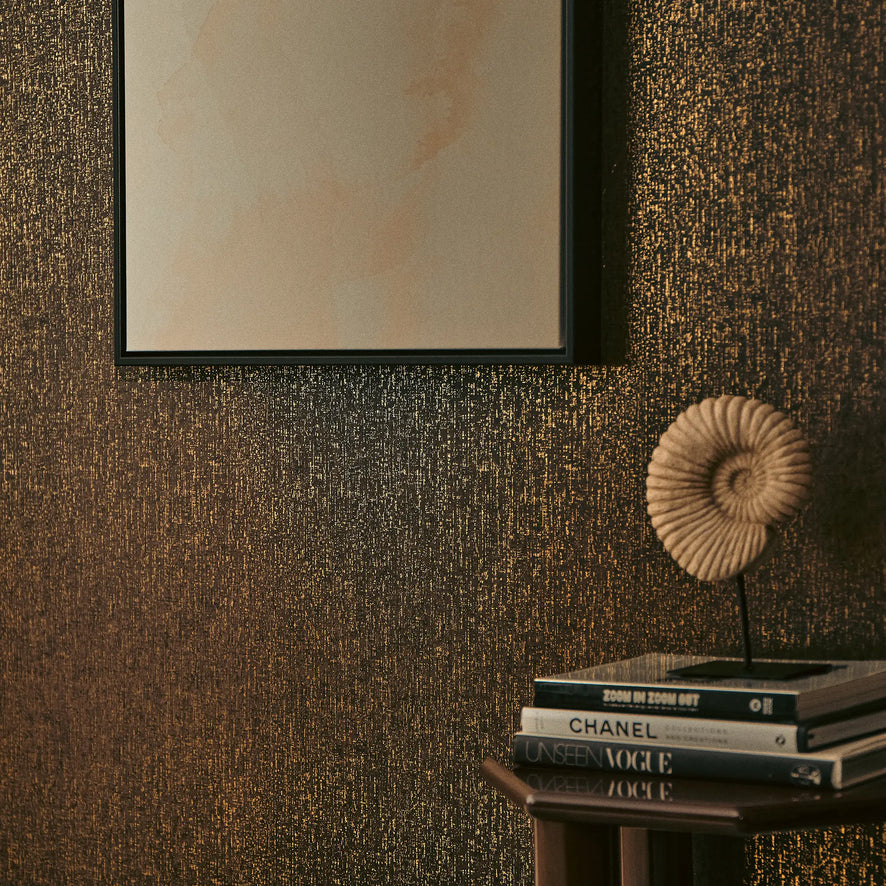 Linen Effect Wallpaper in Chocolate with Gold Foil