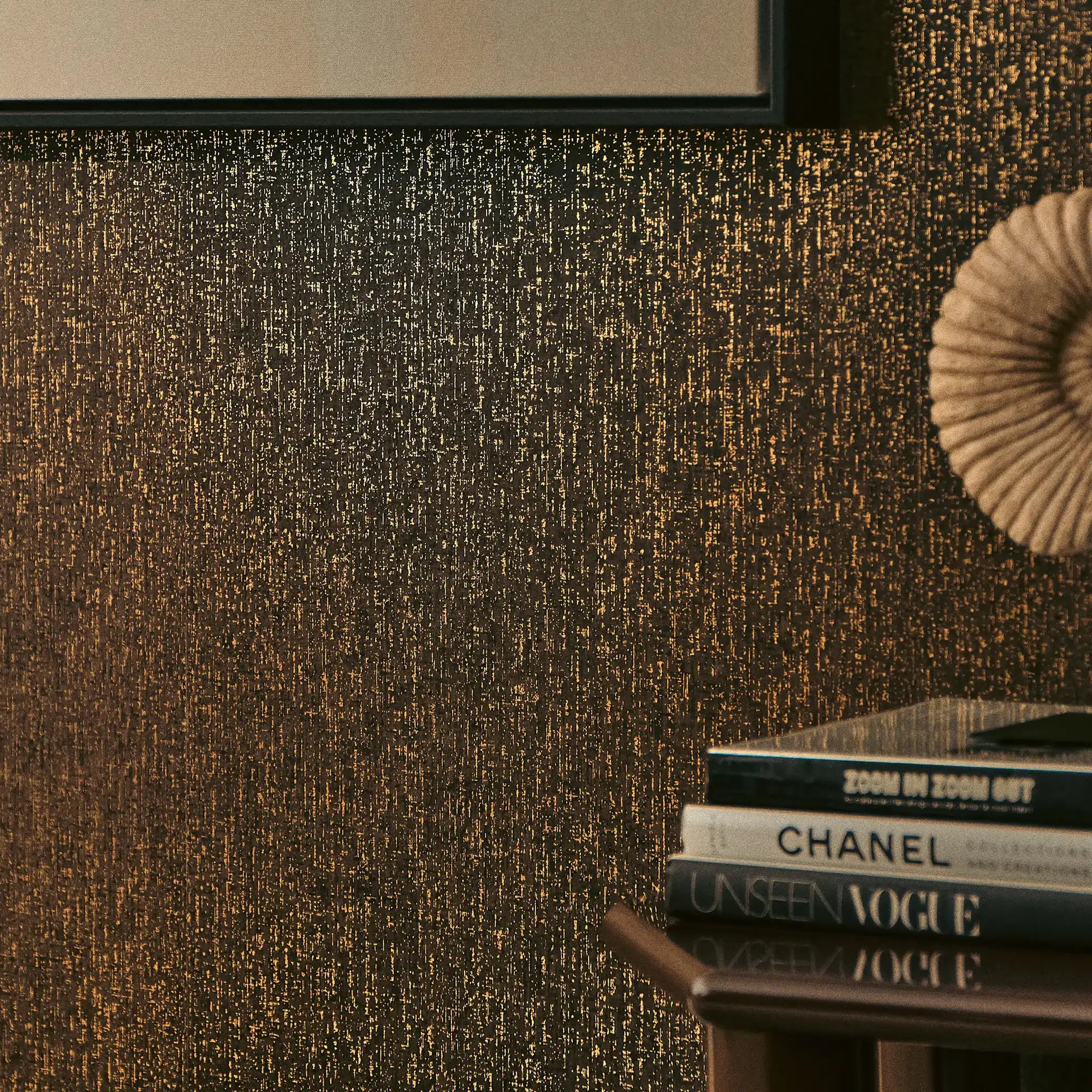 Linen Effect Wallpaper in Chocolate with Gold Foil