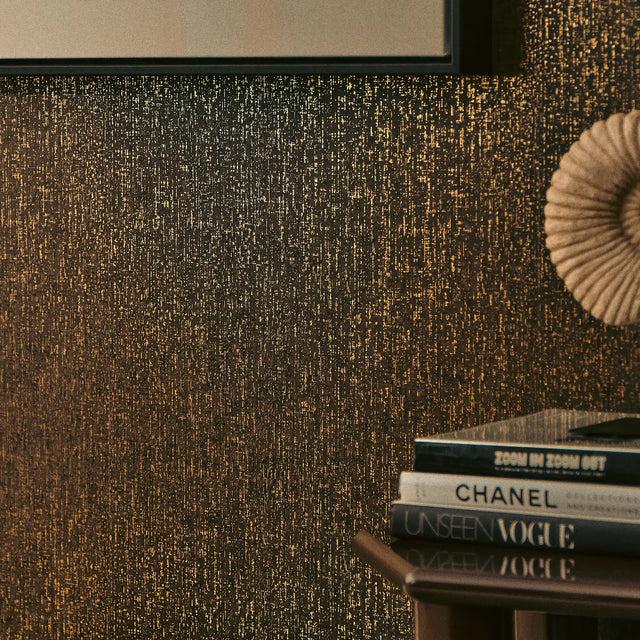 Linen Effect Wallpaper in Chocolate with Gold Foil