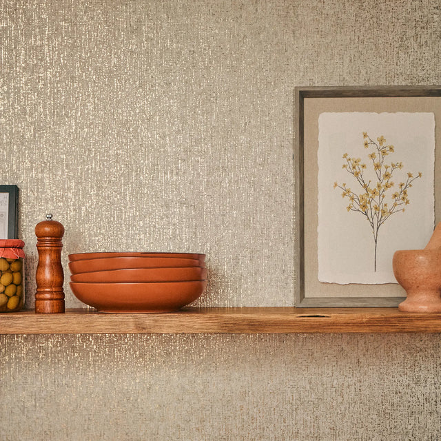 Linen Effect Wallpaper in Cream with Gold Foil