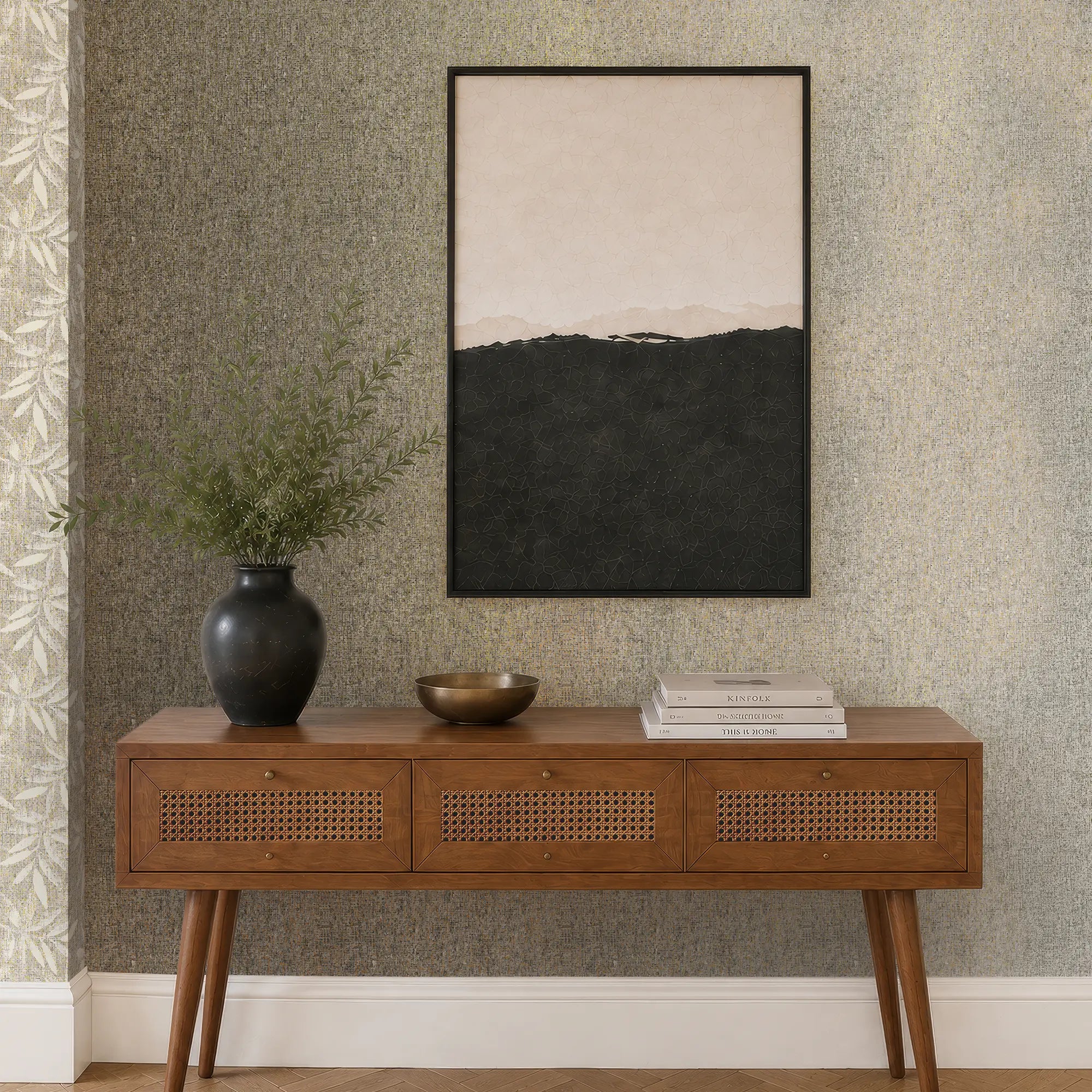 Linen Effect Wallpaper in Grey with Gold Foil