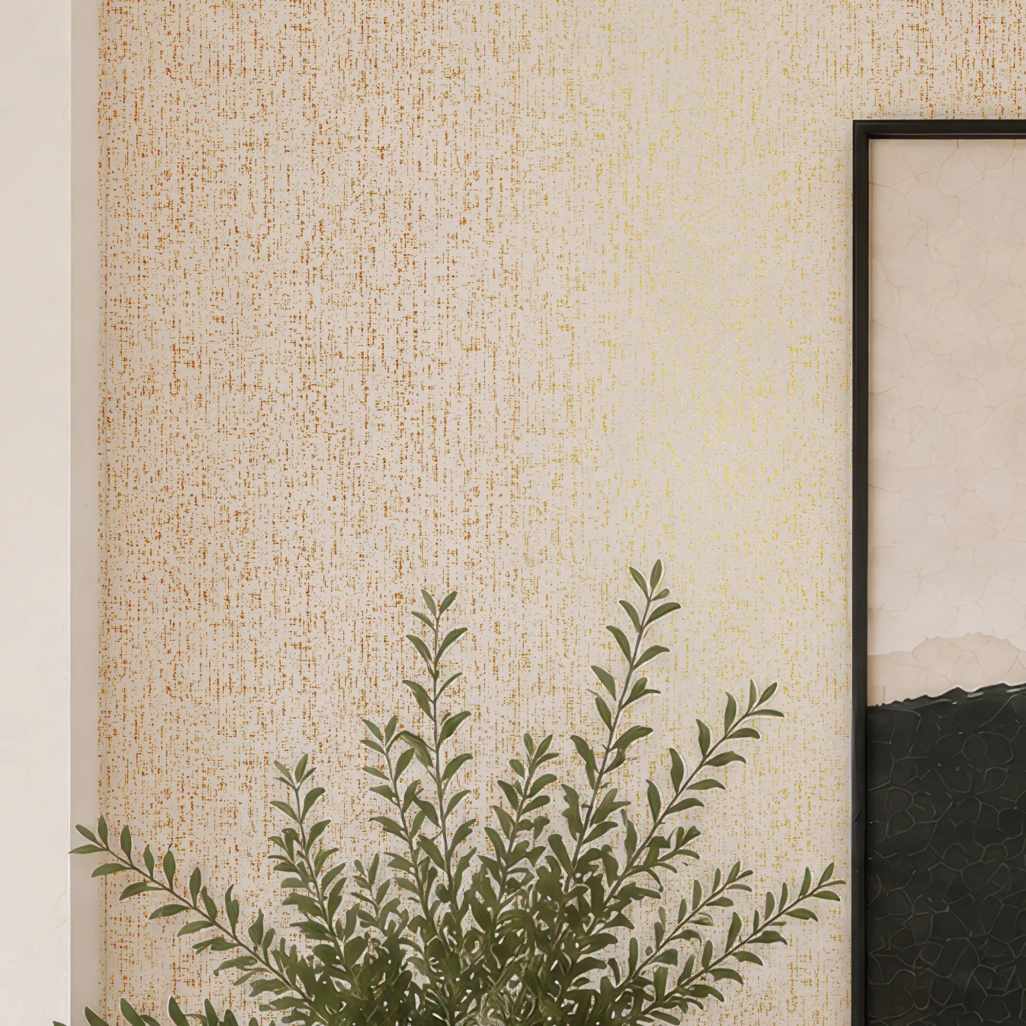 Linen Effect Wallpaper in Ivory with Gold Foil