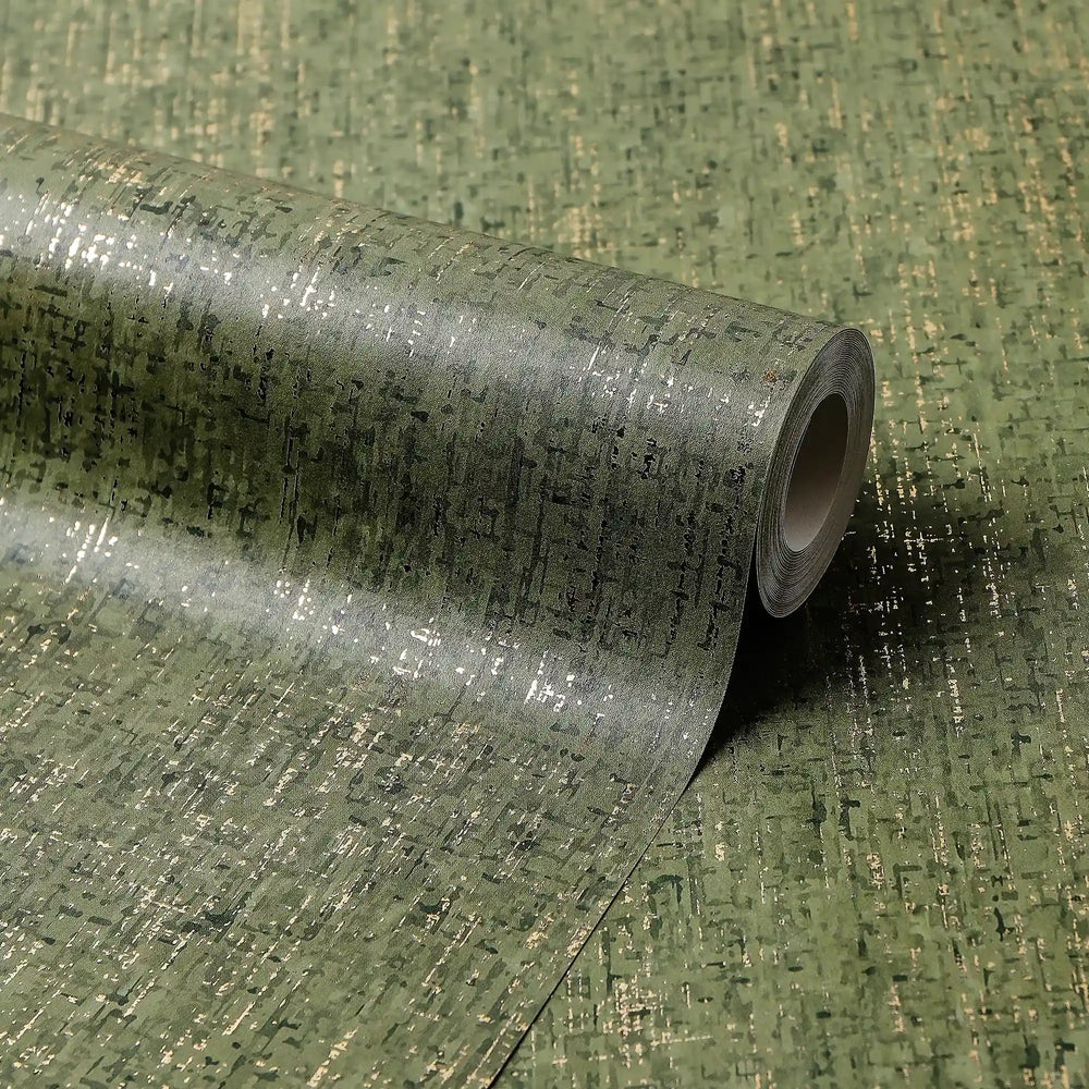Linen Effect Wallpaper in Green with Gold Foil