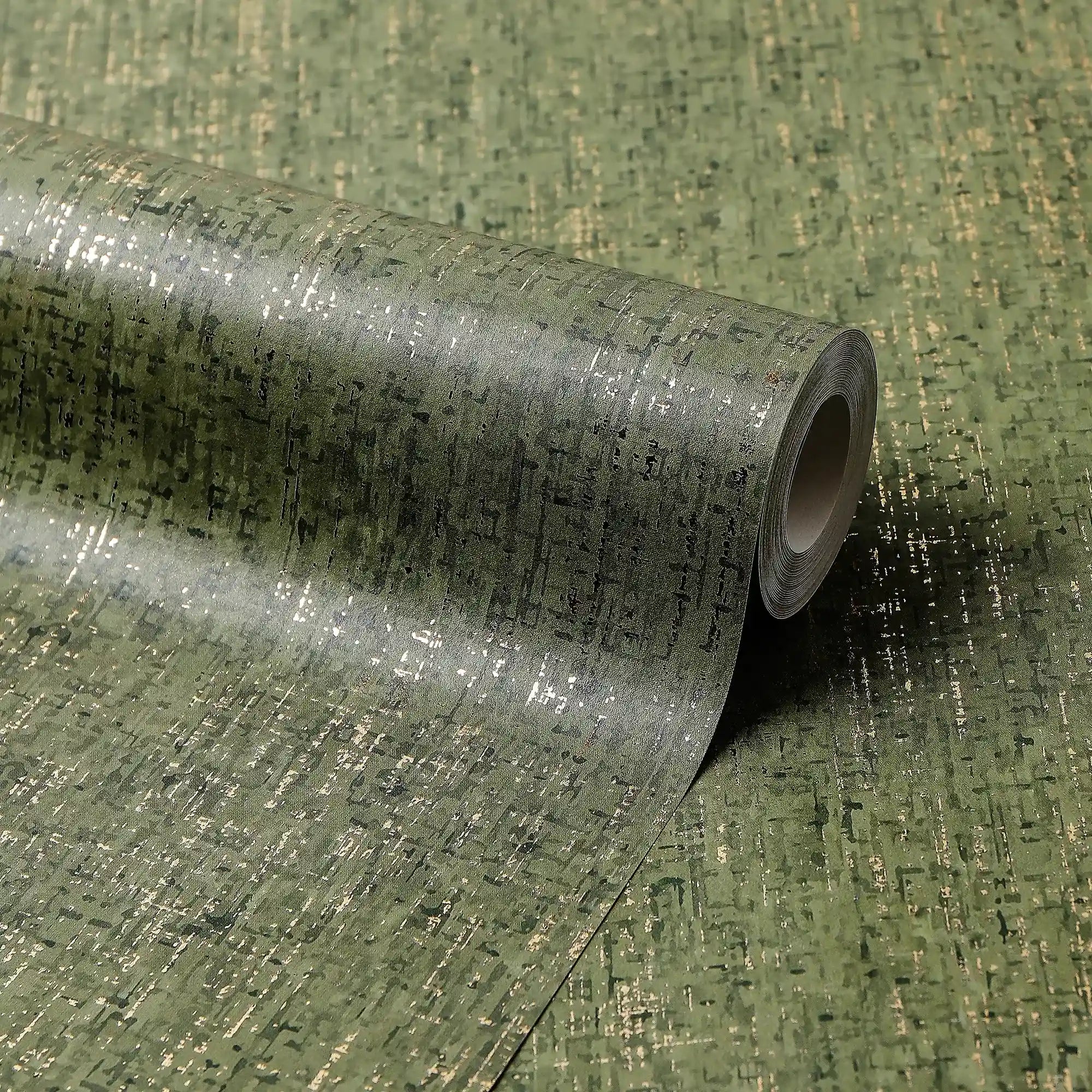 Linen Effect Wallpaper in Green with Gold Foil