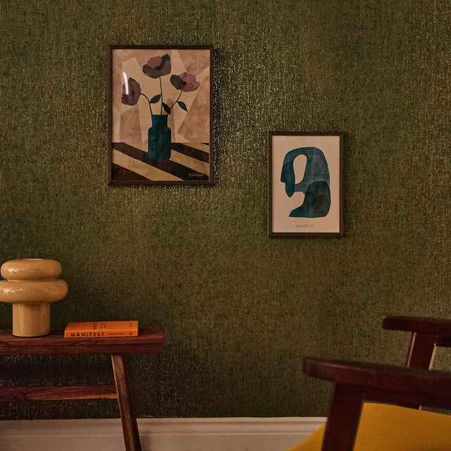 Linen Effect Wallpaper in Green with Gold Foil