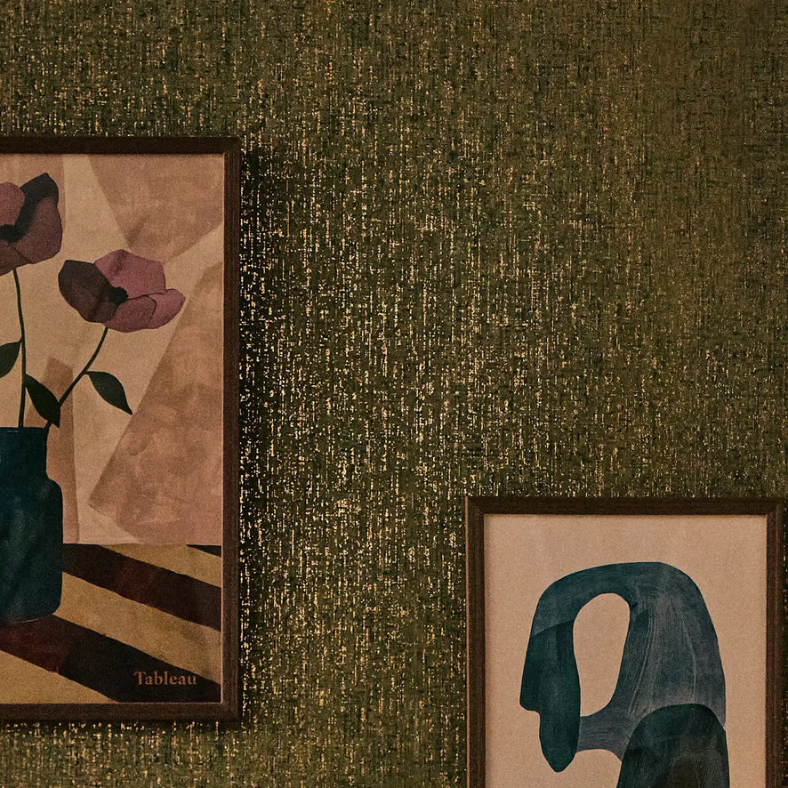 Linen Effect Wallpaper in Green with Gold Foil
