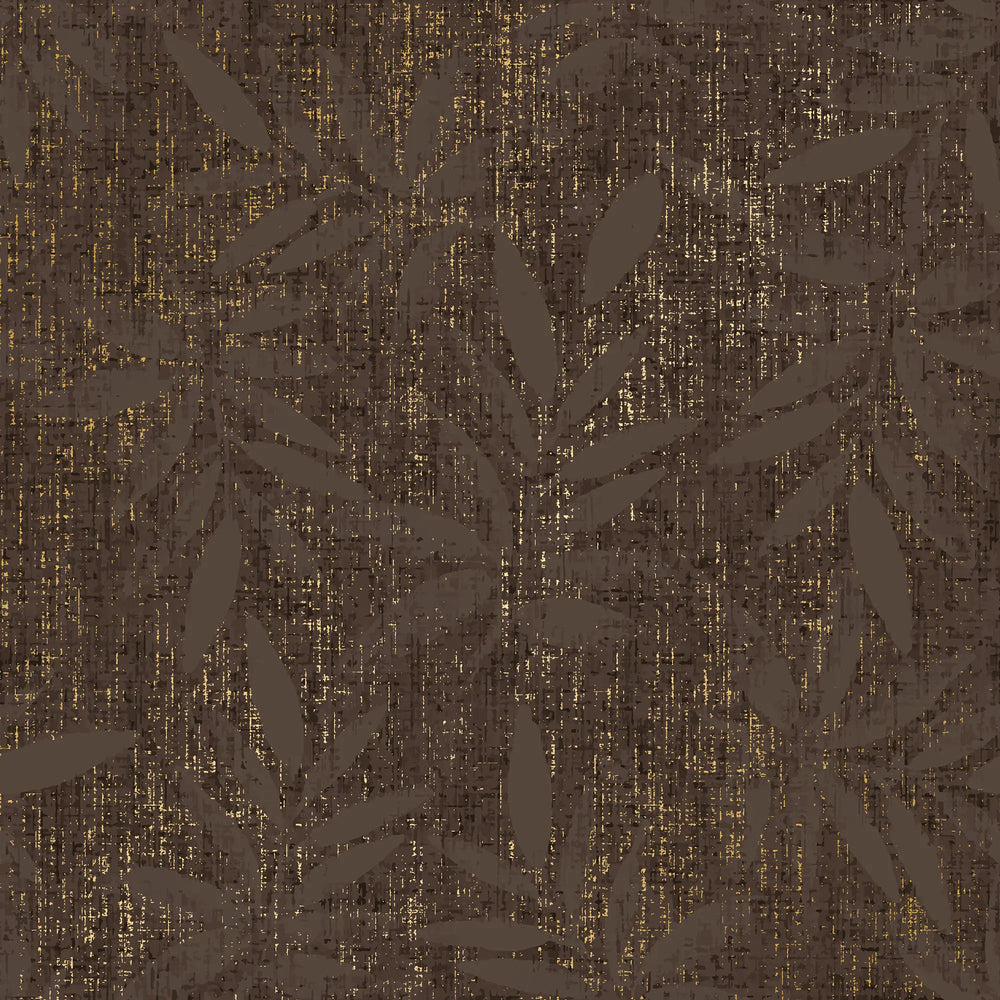 Linen Leaf Wallpaper in Chocolate with Gold Foil