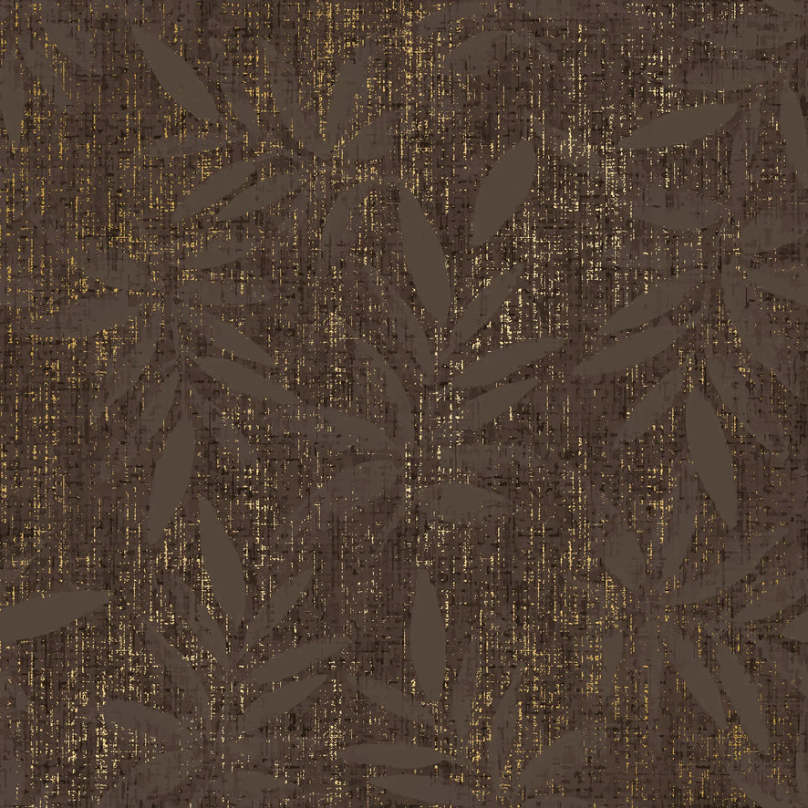 Linen Leaf Wallpaper in Chocolate with Gold Foil