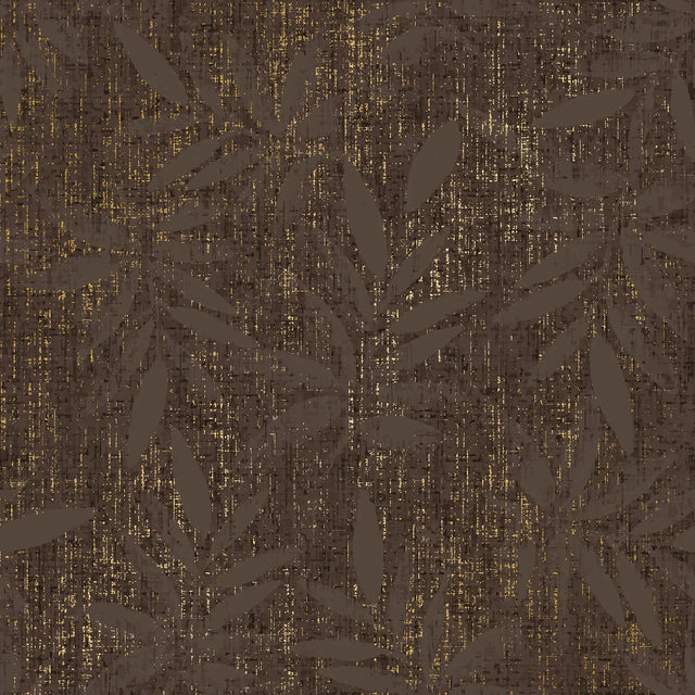 Linen Leaf Wallpaper in Chocolate with Gold Foil