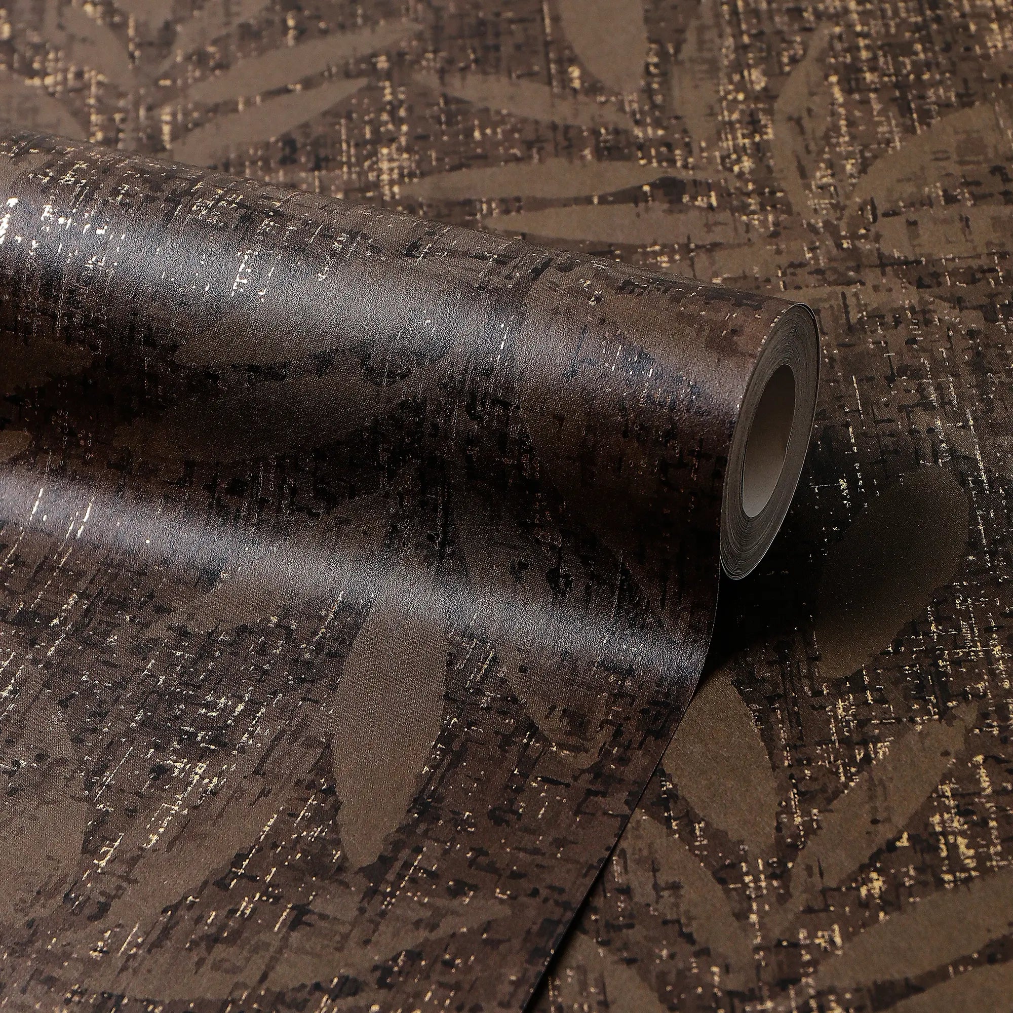 Linen Leaf Wallpaper in Chocolate with Gold Foil