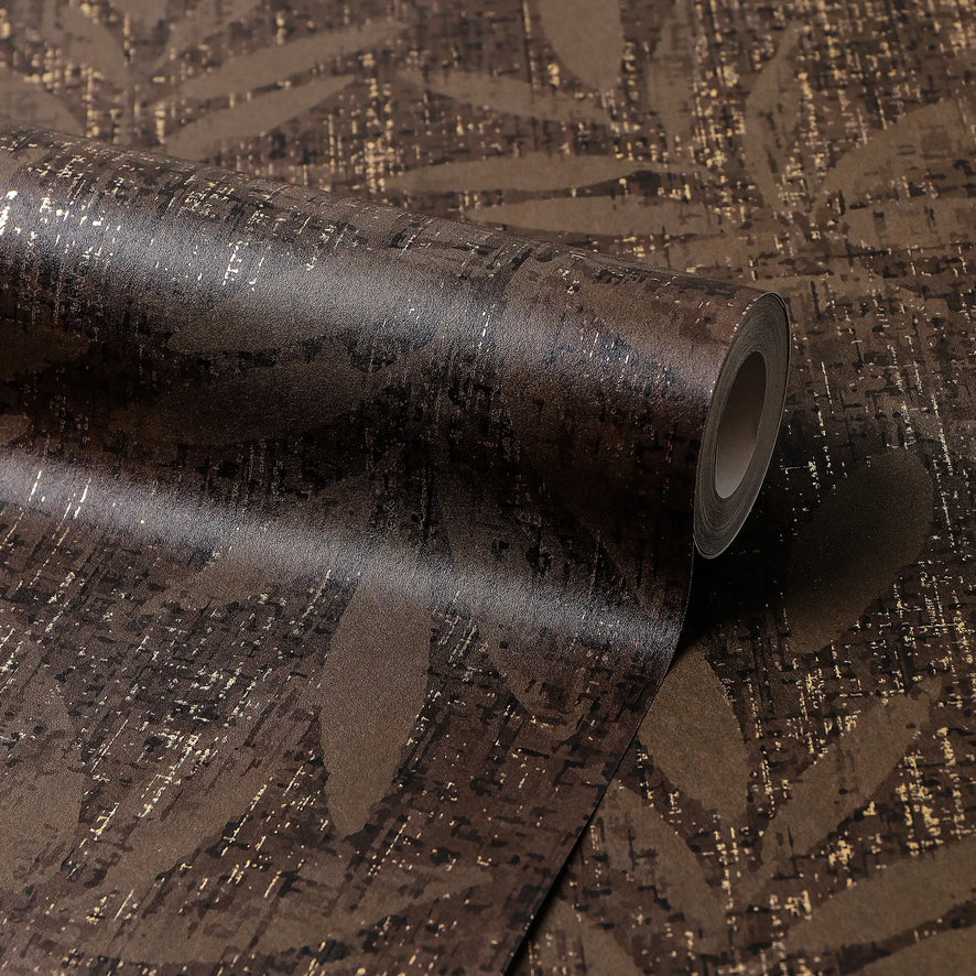 Linen Leaf Wallpaper in Chocolate with Gold Foil