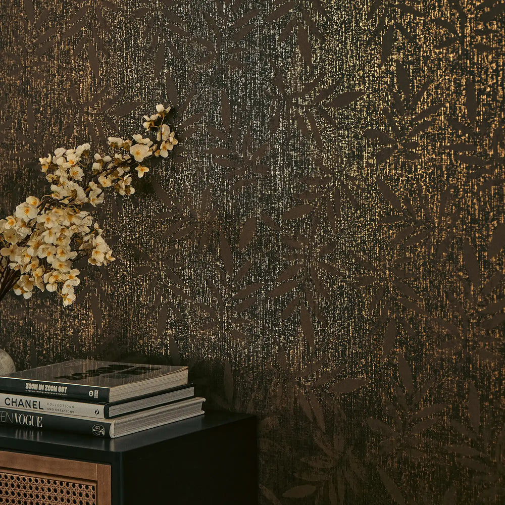 Linen Leaf Wallpaper in Chocolate with Gold Foil